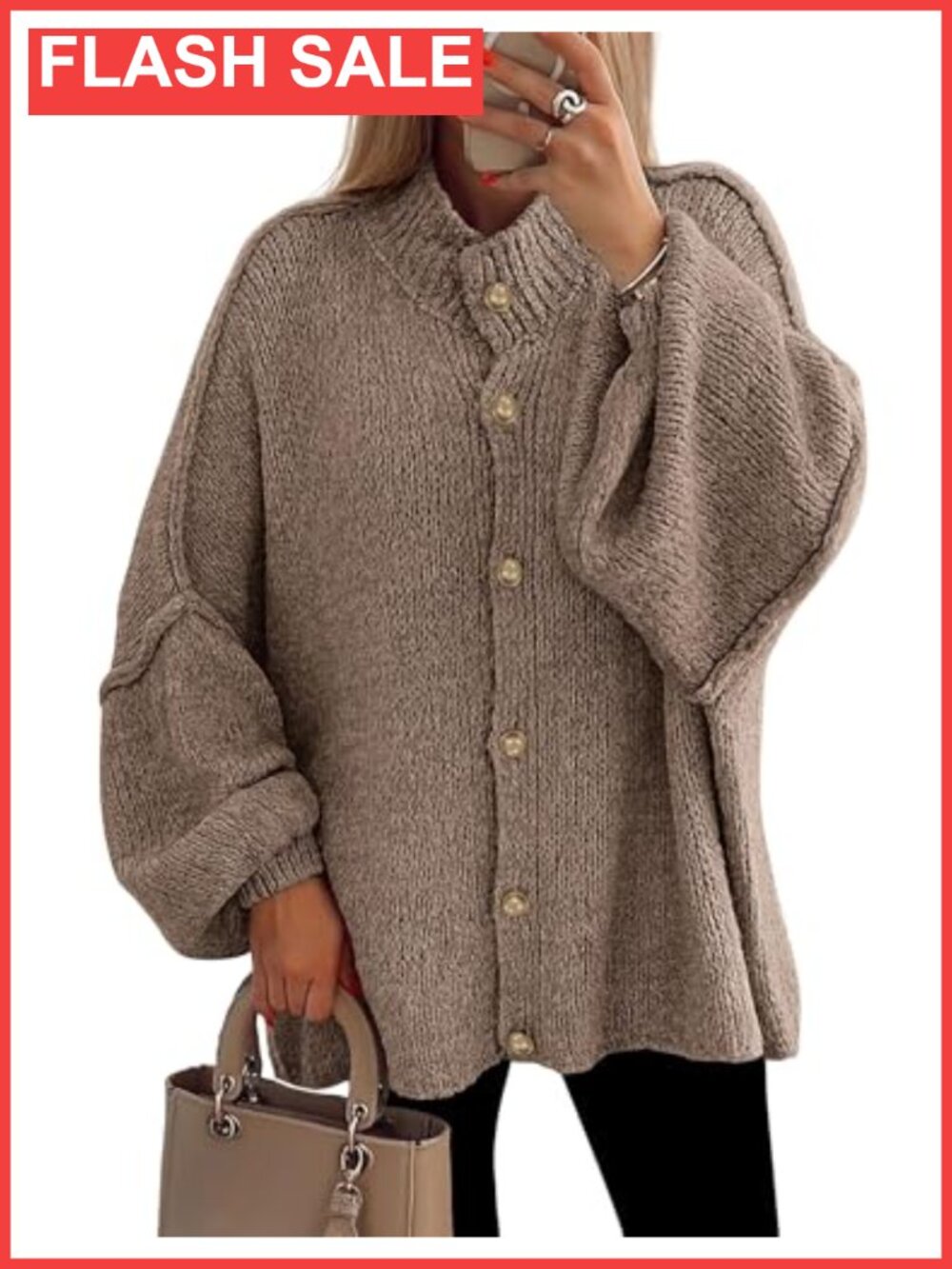 Oversized Chunky Knit Cardigan Sweater with Mock Neck and Lantern Sleeves